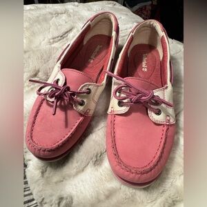 Timberland pink and white boat shoes women’s 9.5, EUC 27614 leather